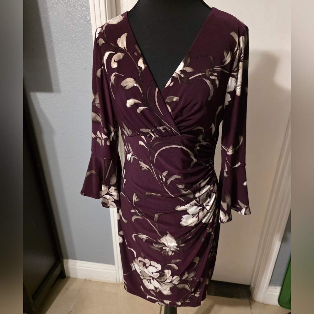 Ralph Lauren Plum Floral Wrap Dress with Cream Accents